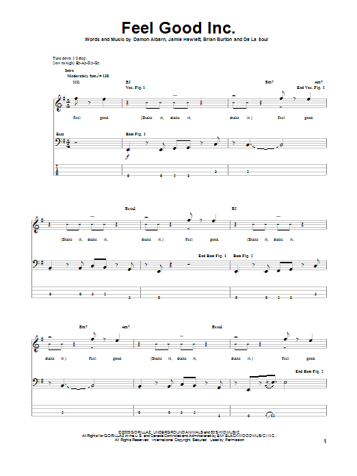 Gorillaz Feel Good Inc Sheet Music Notes & Chords for Bass Guitar Tab - Download or Print PDF