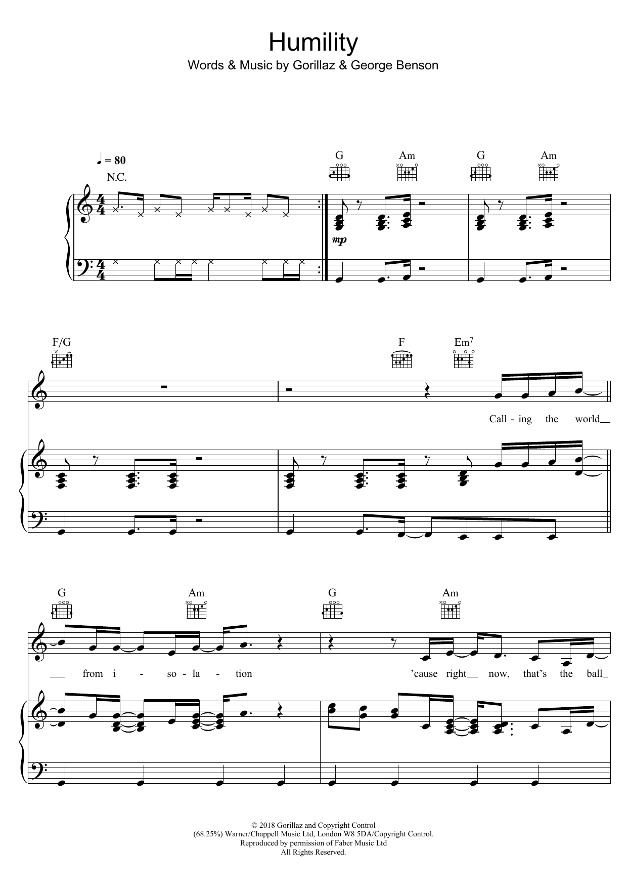 Gorillaz Humility (featuring George Benson) Sheet Music Notes & Chords for Piano, Vocal & Guitar (Right-Hand Melody) - Download or Print PDF