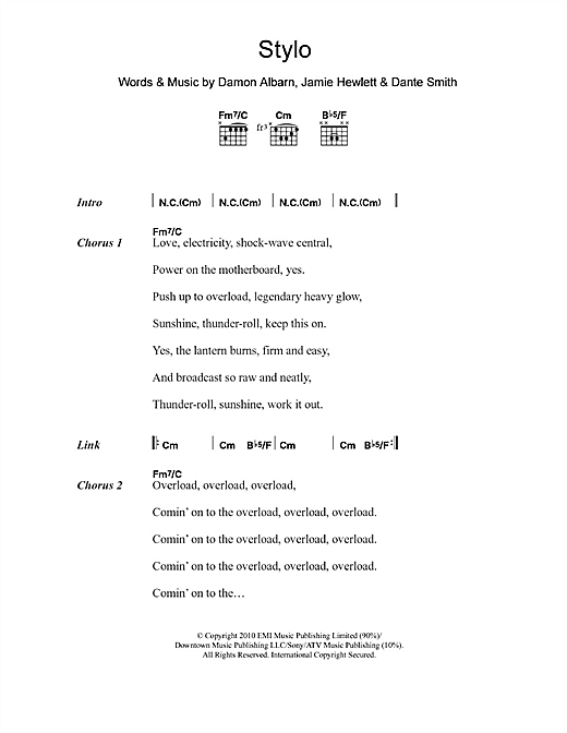 Gorillaz Stylo Sheet Music Notes & Chords for Lyrics & Chords - Download or Print PDF