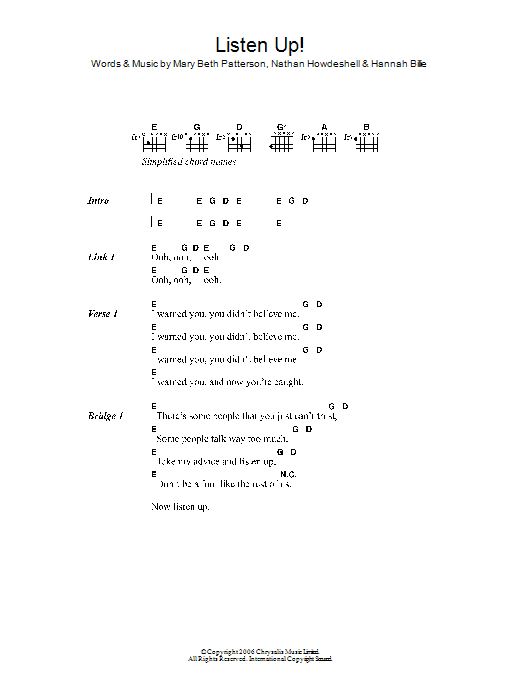 The Gossip Listen Up! Sheet Music Notes & Chords for Lyrics & Chords - Download or Print PDF The Gossip Listen Up! Sheet Music Notes & Chords for Lyrics & Chords - Download or Print PDF