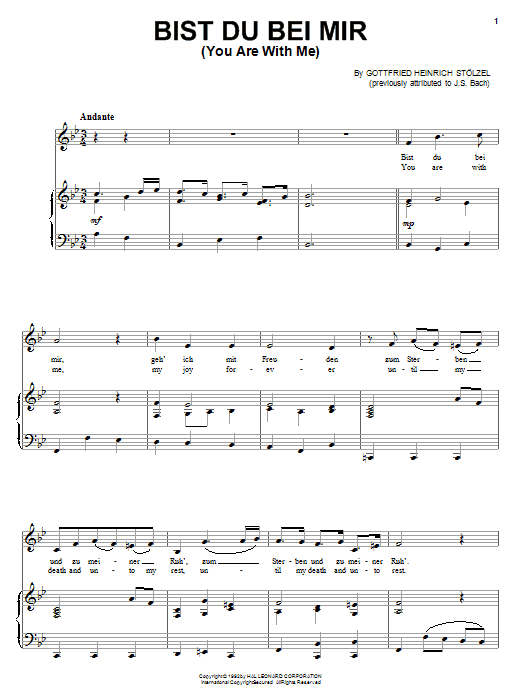 Gottfried Heinrich Stolzel Bist Du Bei Mir Sheet Music Notes & Chords for Piano, Vocal & Guitar (Right-Hand Melody) - Download or Print PDF