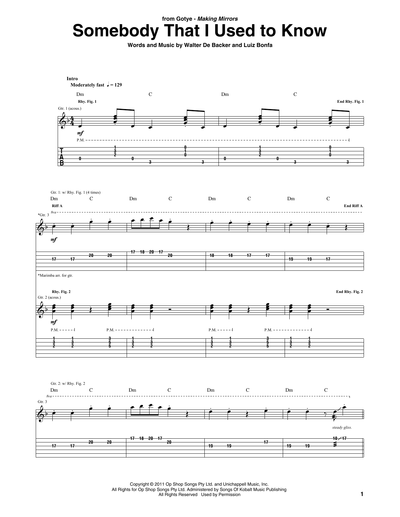 Gotye Somebody That I Used To Know (feat. Kimbra) Sheet Music Notes & Chords for Guitar Tab - Download or Print PDF