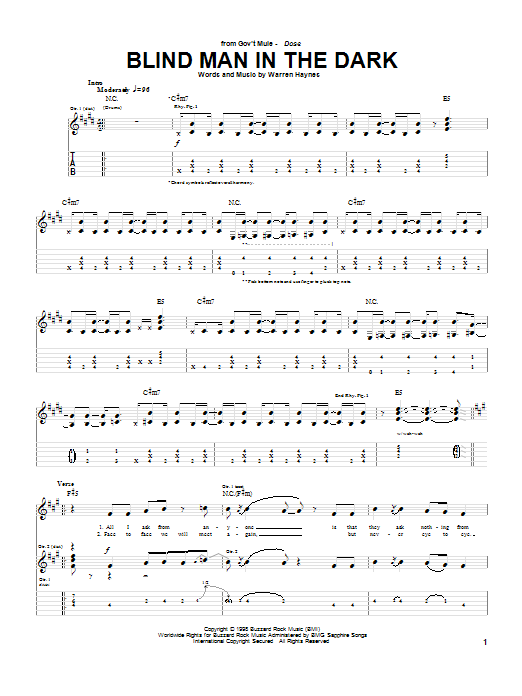 Warren Haynes Blind Man In The Dark Sheet Music Notes & Chords for Guitar Tab - Download or Print PDF