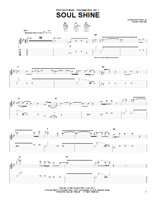 Gov't Mule Soul Shine Sheet Music Notes & Chords for Guitar Tab - Download or Print PDF