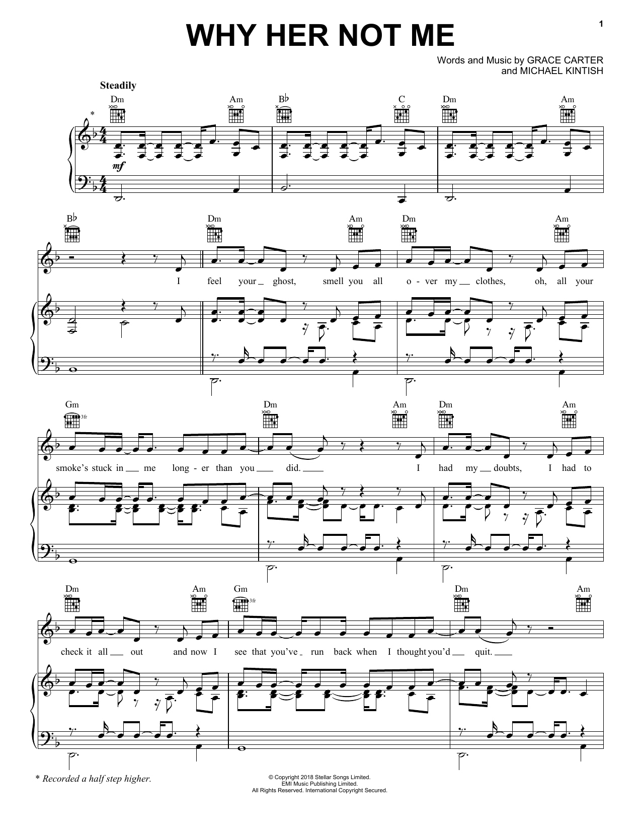 Grace Carter Why Her Not Me Sheet Music Notes & Chords for Piano, Vocal & Guitar (Right-Hand Melody) - Download or Print PDF