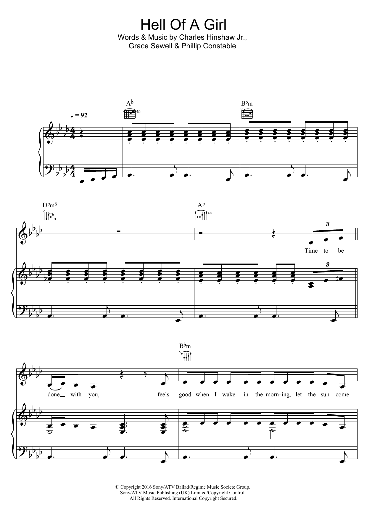 Grace Hell Of A Girl Sheet Music Notes & Chords for Piano, Vocal & Guitar (Right-Hand Melody) - Download or Print PDF