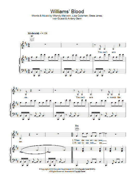 Grace Jones Williams' Blood Sheet Music Notes & Chords for Piano, Vocal & Guitar - Download or Print PDF