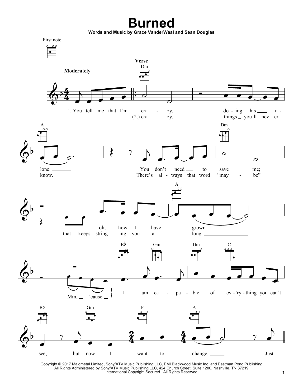 Grace VanderWaal Burned Sheet Music Notes & Chords for Ukulele - Download or Print PDF