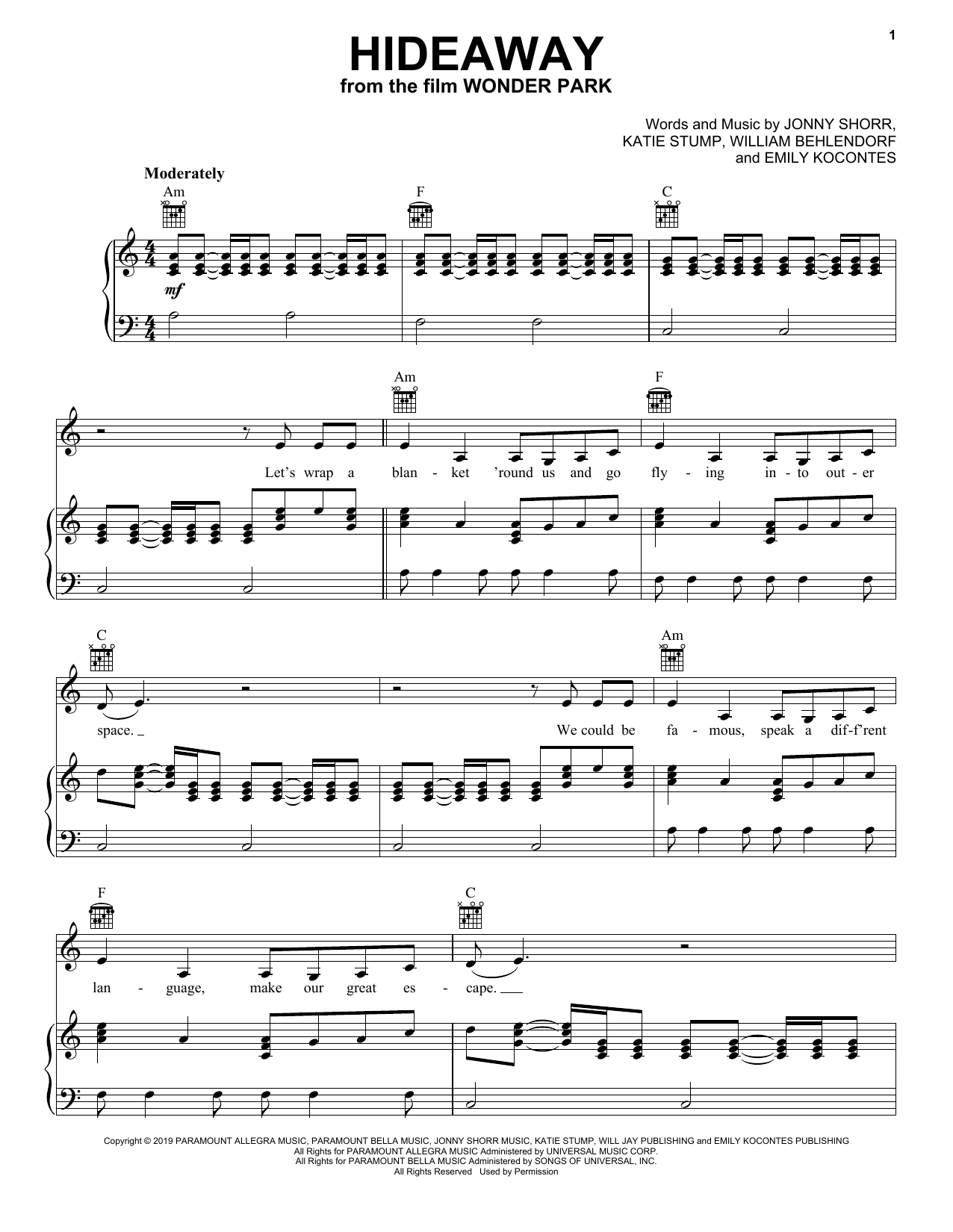 Grace VanderWaal Hideaway (from Wonder Park) Sheet Music Notes & Chords for Piano, Vocal & Guitar (Right-Hand Melody) - Download or Print PDF