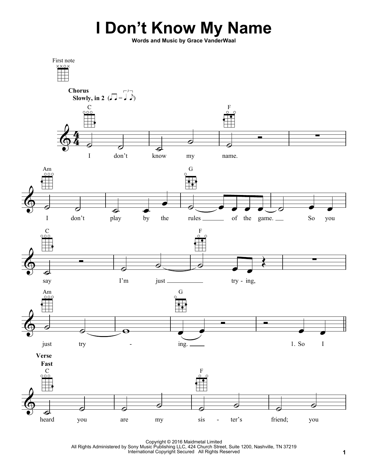 Grace VanderWaal I Don't Know My Name Sheet Music Notes & Chords for Ukulele - Download or Print PDF
