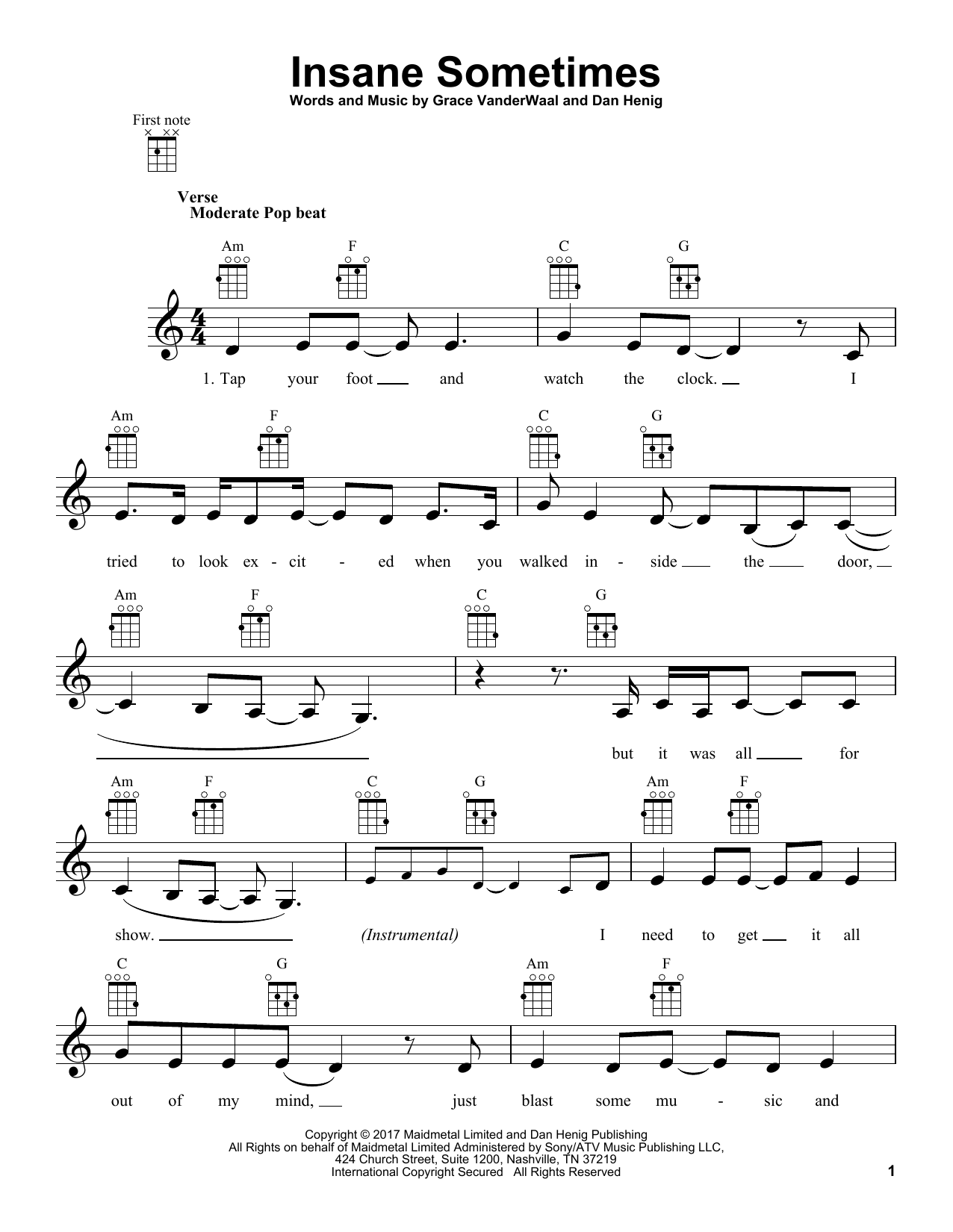 Grace VanderWaal Insane Sometimes Sheet Music Notes & Chords for Ukulele - Download or Print PDF