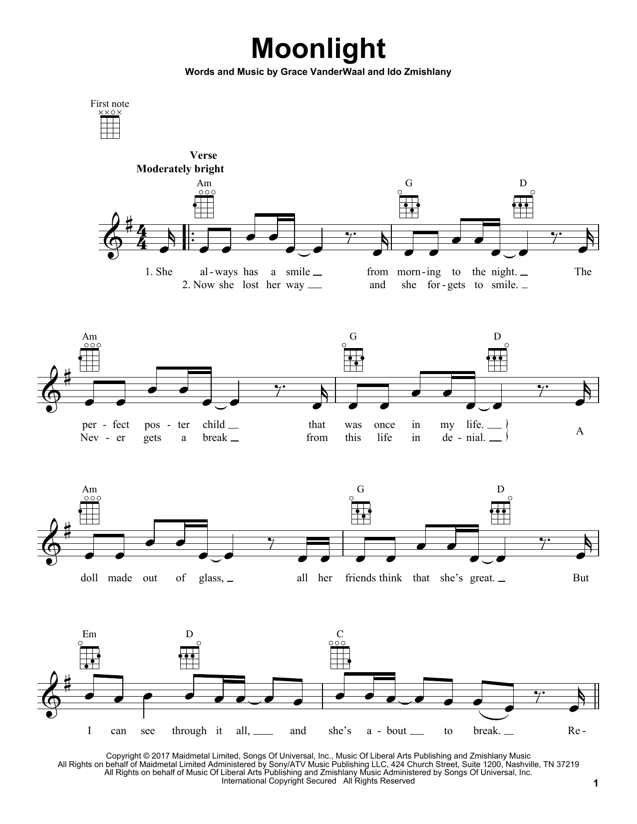 Grace VanderWaal Moonlight Sheet Music Notes & Chords for Ukulele - Download or Print PDF