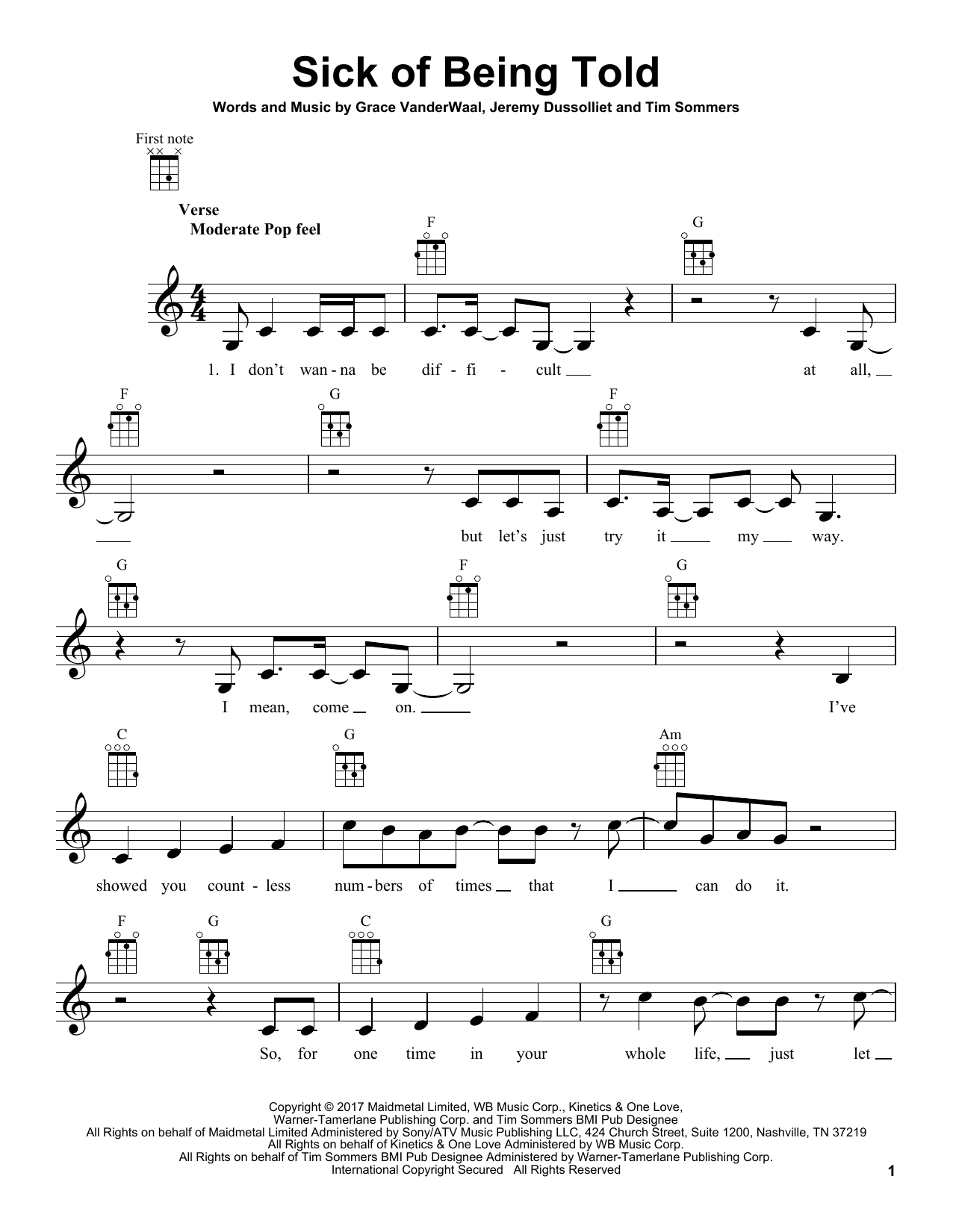 Grace VanderWaal Sick Of Being Told Sheet Music Notes & Chords for Easy Piano - Download or Print PDF
