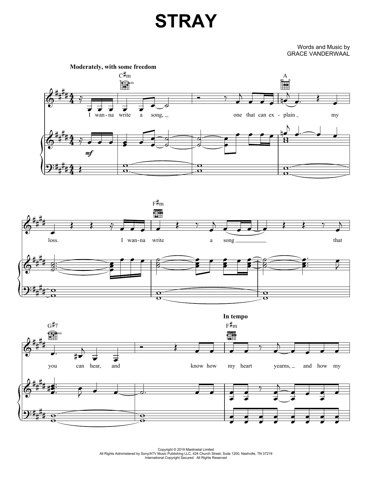 Grace VanderWaal Stray Sheet Music Notes & Chords for Piano, Vocal & Guitar (Right-Hand Melody) - Download or Print PDF