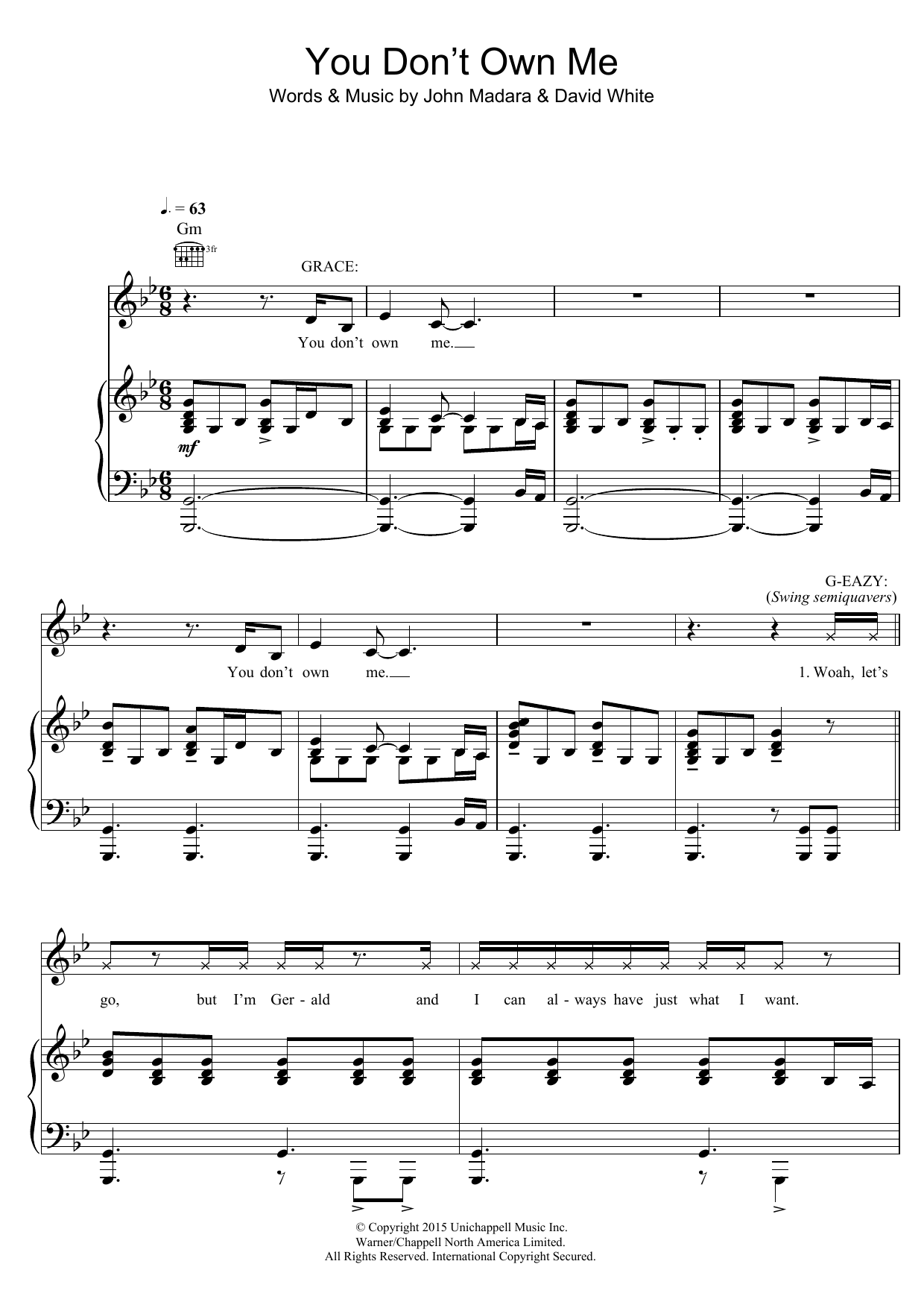 Grace You Don't Own Me (featuring G-Eazy) Sheet Music Notes & Chords for Piano, Vocal & Guitar (Right-Hand Melody) - Download or Print PDF