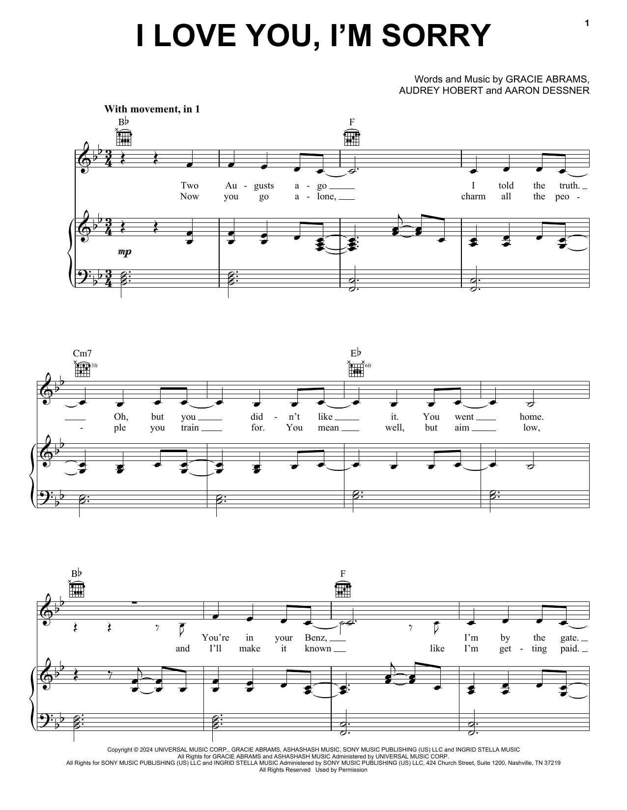 Gracie Abrams I Love You, I'm Sorry Sheet Music Notes & Chords for Piano, Vocal & Guitar Chords (Right-Hand Melody) - Download or Print PDF