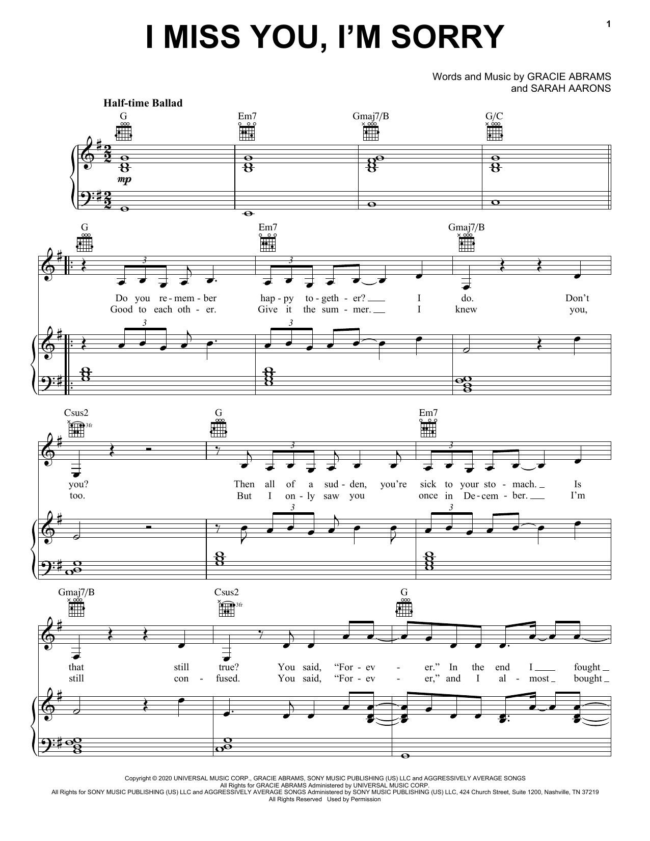 Gracie Abrams I miss you, I'm sorry Sheet Music Notes & Chords for Piano, Vocal & Guitar Chords (Right-Hand Melody) - Download or Print PDF