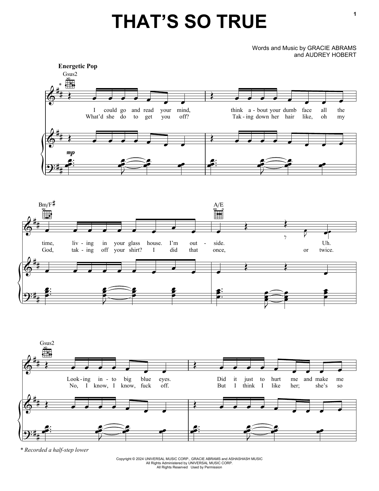 Gracie Abrams That's So True Sheet Music Notes & Chords for Piano, Vocal & Guitar Chords (Right-Hand Melody) - Download or Print PDF