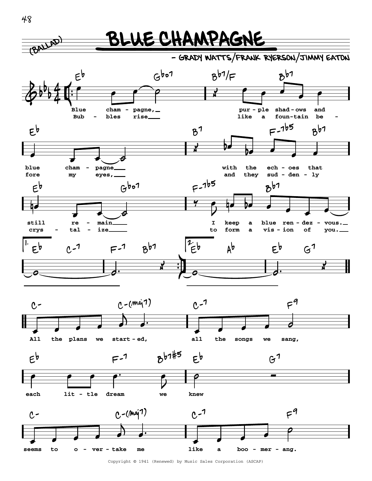 Grady Watts Blue Champagne (High Voice) Sheet Music Notes & Chords for Real Book – Melody, Lyrics & Chords - Download or Print PDF