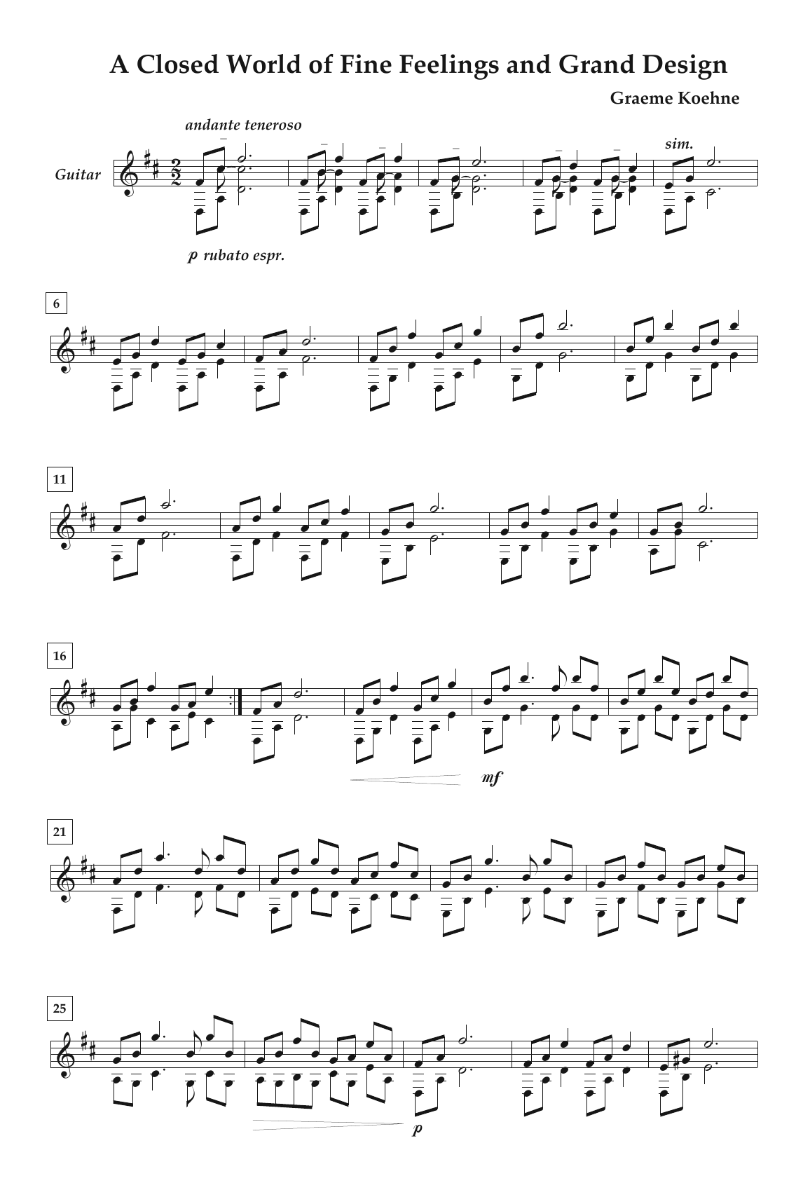 Graeme Koehne A Closed World Of Fine Feelings And Grand Design Sheet Music Notes & Chords for Guitar - Download or Print PDF