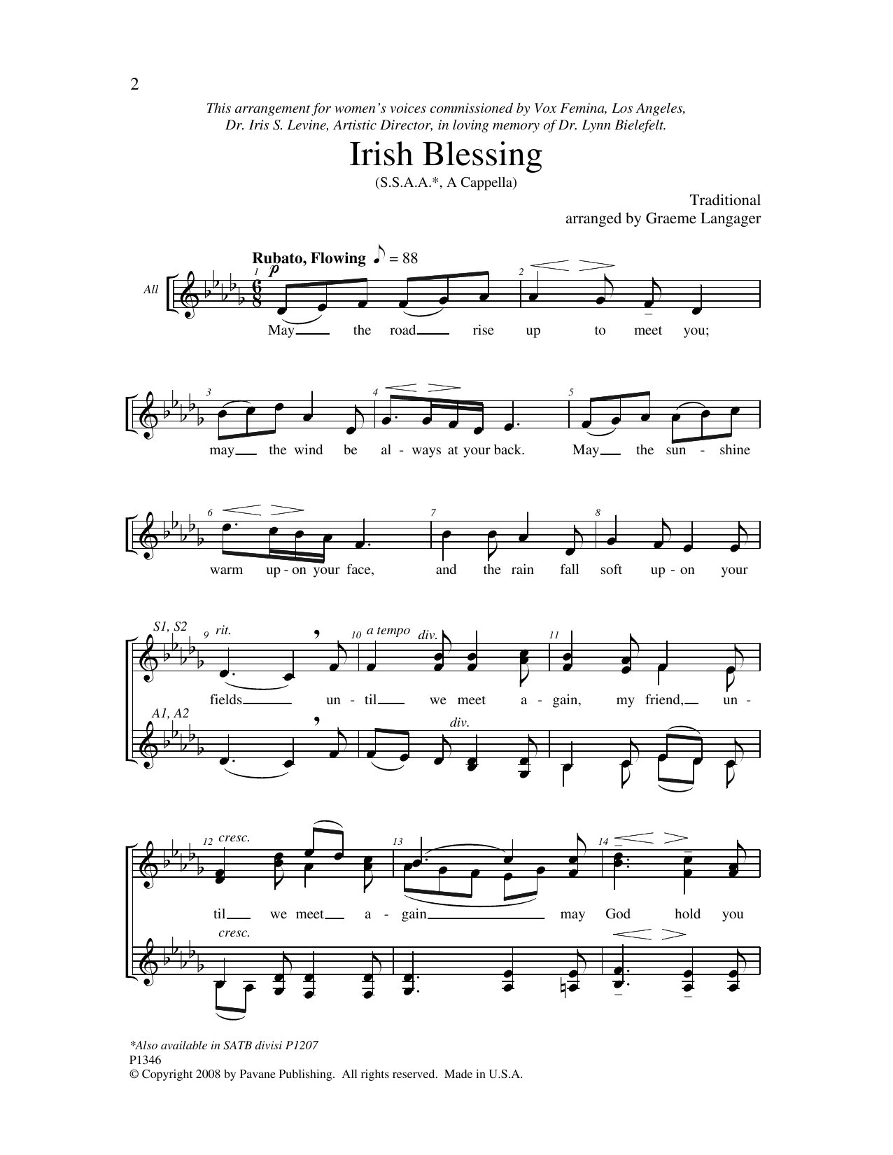 Graeme Langager Irish Blessing Sheet Music Notes & Chords for SSA Choir - Download or Print PDF