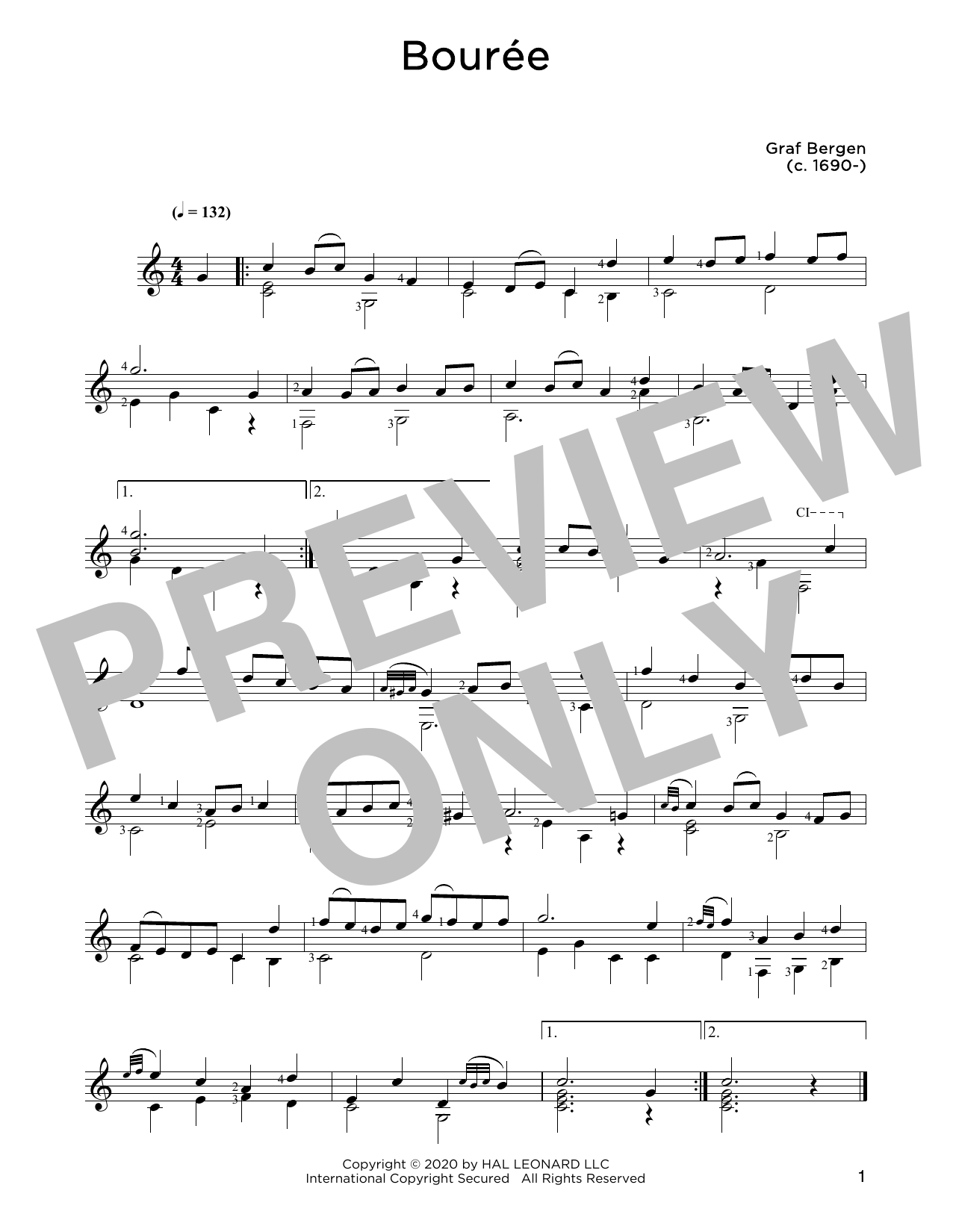 Graf Bergen Bouree Sheet Music Notes & Chords for Solo Guitar - Download or Print PDF