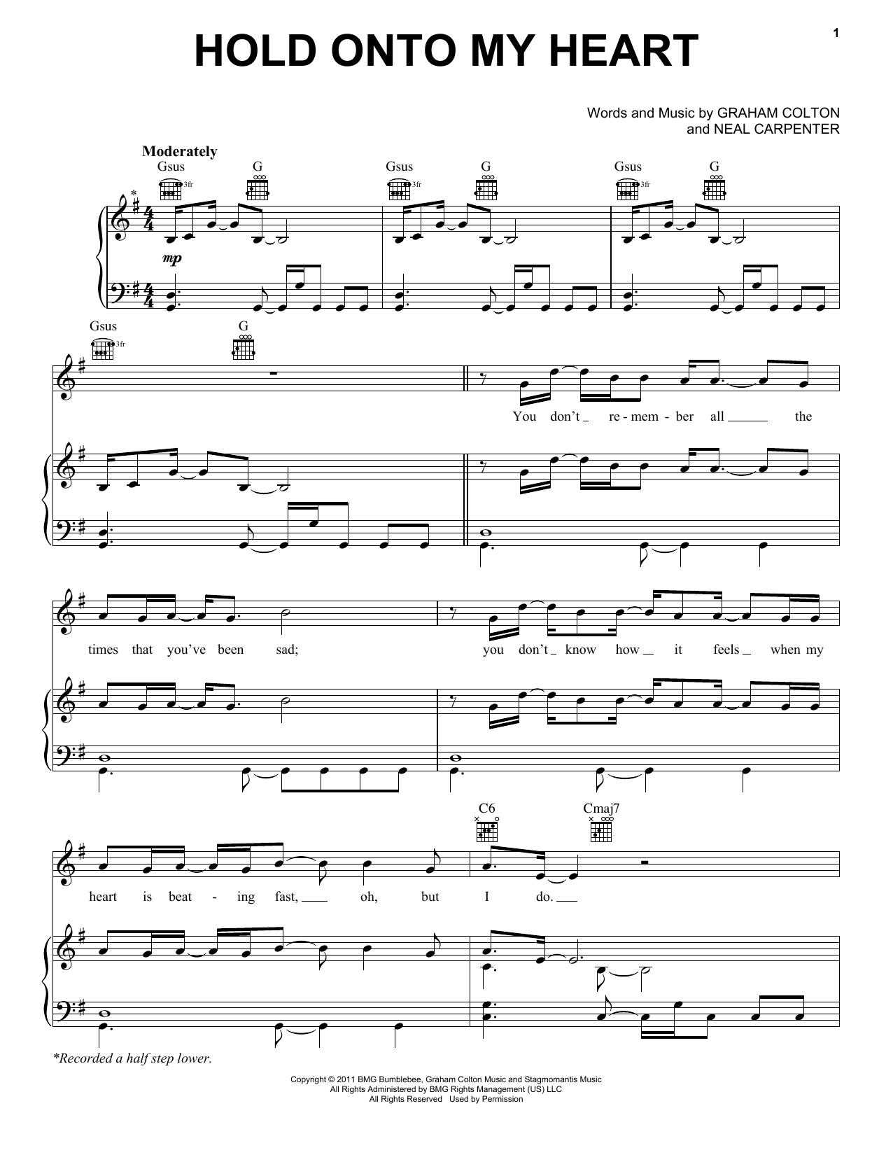 Graham Colton Hold Onto My Heart Sheet Music Notes & Chords for Piano, Vocal & Guitar (Right-Hand Melody) - Download or Print PDF