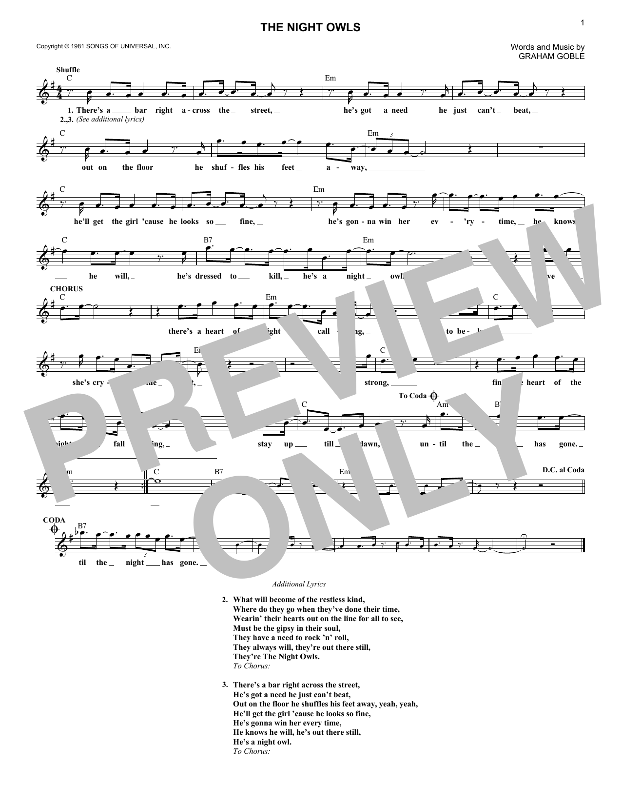 Graham Goble The Night Owls Sheet Music Notes & Chords for Melody Line, Lyrics & Chords - Download or Print PDF