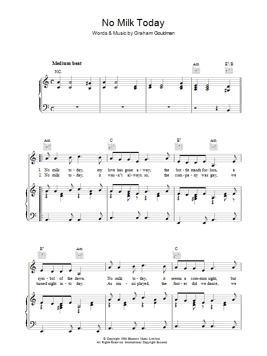 Graham Gouldman No Milk Today Sheet Music Notes & Chords for Lead Sheet / Fake Book - Download or Print PDF