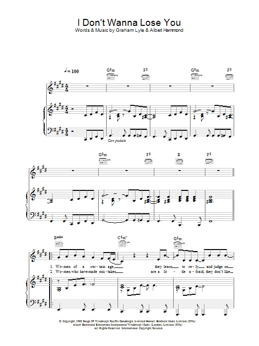 Graham Lyle I Don't Wanna Lose You Sheet Music Notes & Chords for Piano, Vocal & Guitar - Download or Print PDF