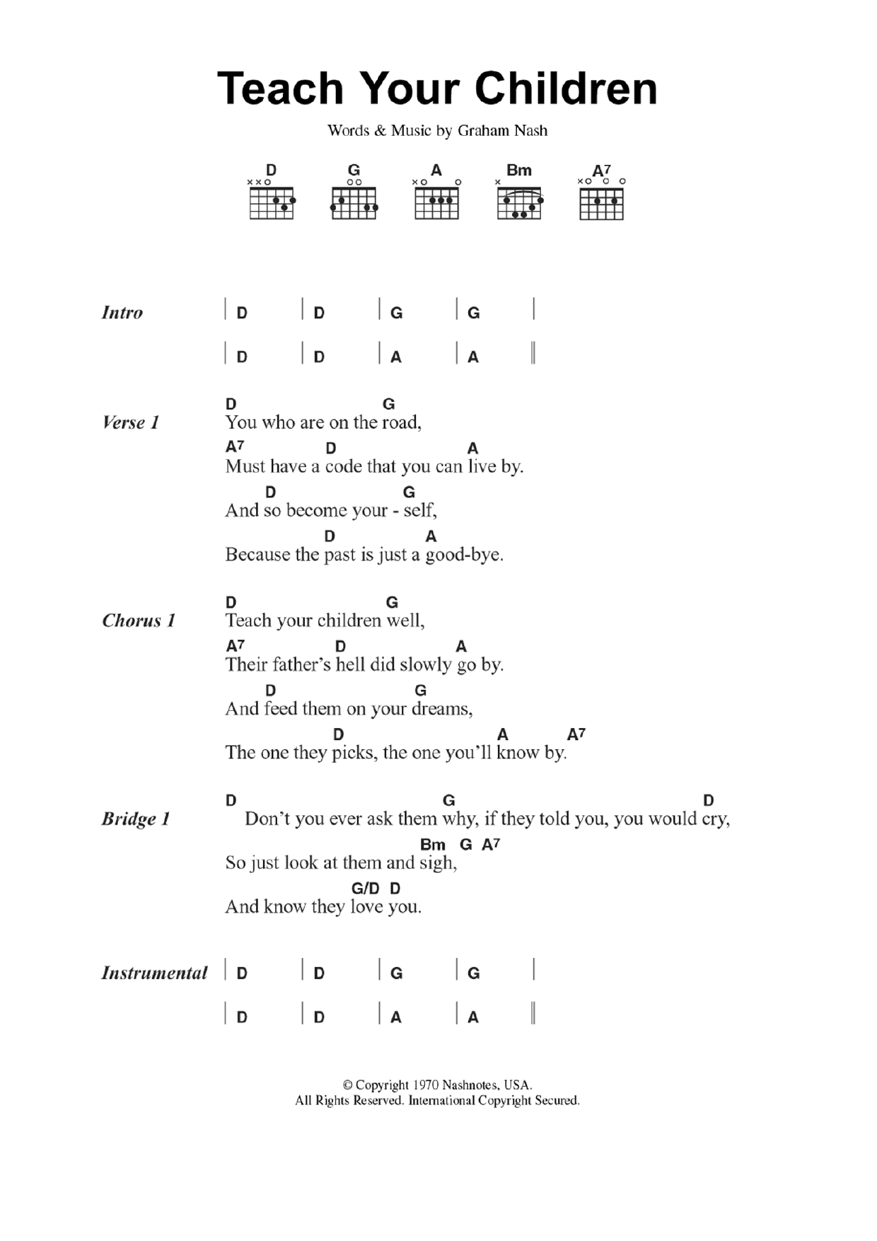 Crosby, Stills, Nash & Young Teach Your Children Sheet Music Notes & Chords for Lyrics & Chords - Download or Print PDF