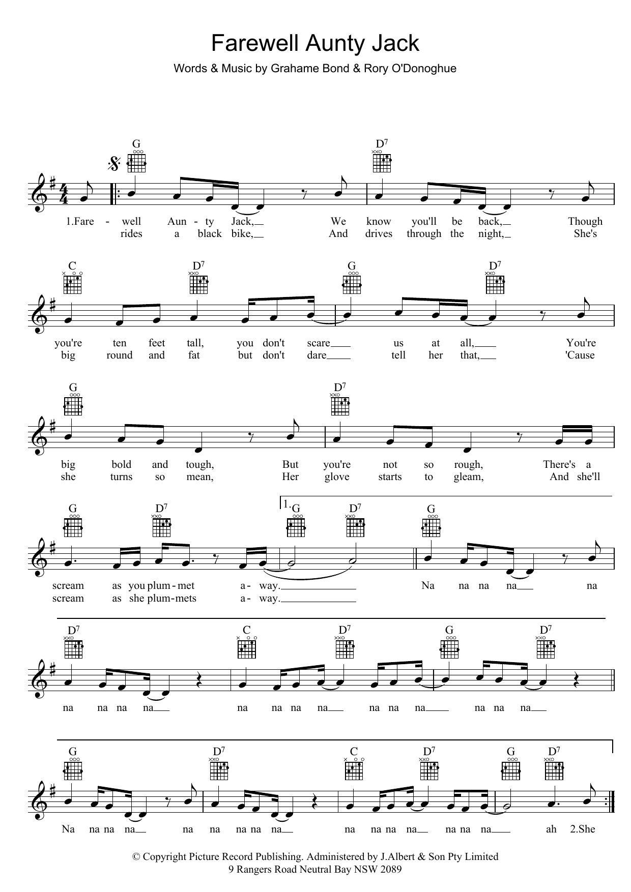 Grahame Bond Farewell Aunty Jack Sheet Music Notes & Chords for Melody Line, Lyrics & Chords - Download or Print PDF