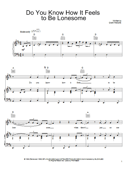 Gram Parsons Do You Know How It Feels To Be Lonesome Sheet Music Notes & Chords for Piano, Vocal & Guitar (Right-Hand Melody) - Download or Print PDF