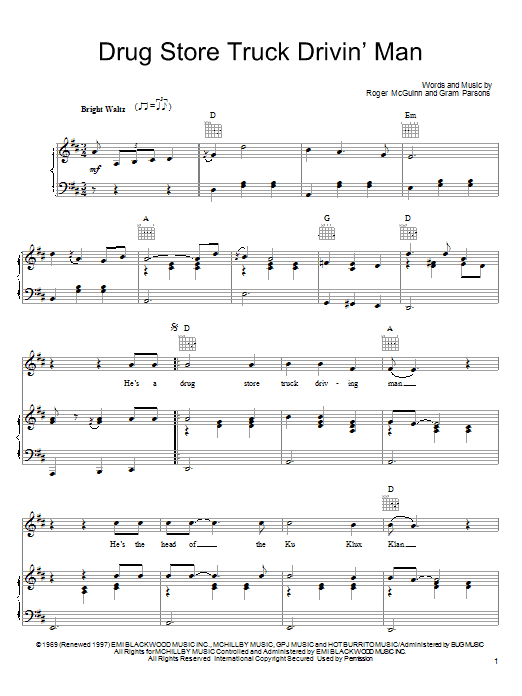 Gram Parsons Drug Store Truck Drivin' Man Sheet Music Notes & Chords for Piano, Vocal & Guitar (Right-Hand Melody) - Download or Print PDF