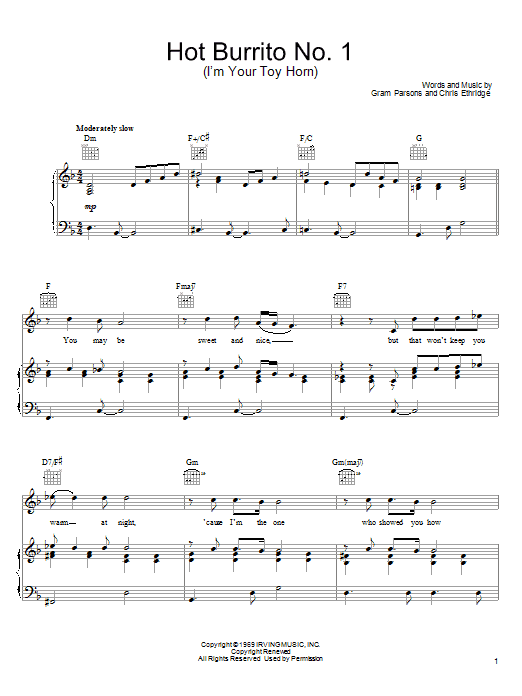 Gram Parsons Hot Burrito No. 1 (I'm Your Toy Horn) Sheet Music Notes & Chords for Piano, Vocal & Guitar (Right-Hand Melody) - Download or Print PDF