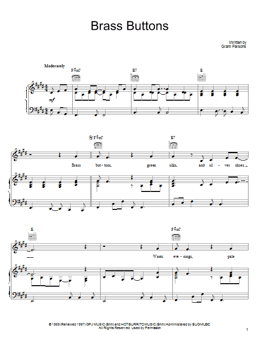 Preview Gram Parsons Brass Buttons Pop sheet music, notes and chords for Piano, Vocal & Guitar (Right-Hand Melody), SKU: 64421 Brass Buttons sheet music