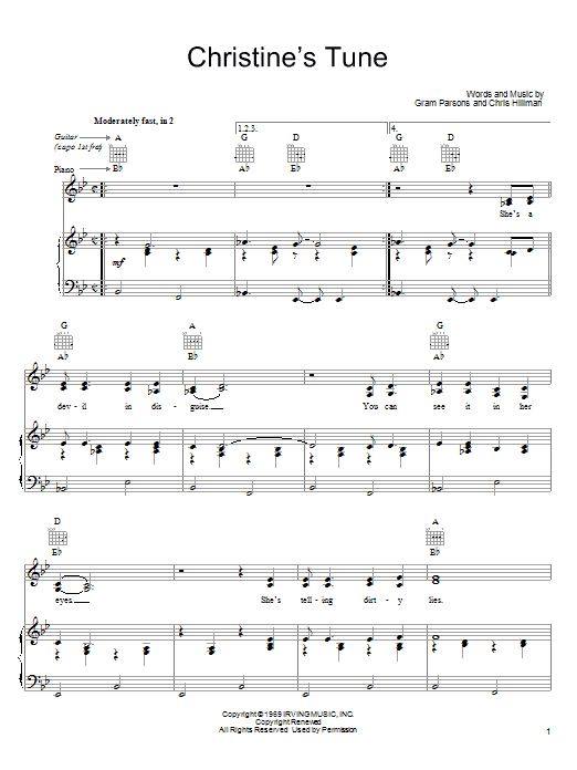 Preview Gram Parsons Christine's Tune Pop sheet music, notes and chords for Piano, Vocal & Guitar (Right-Hand Melody), SKU: 64423 Christine's Tune sheet music