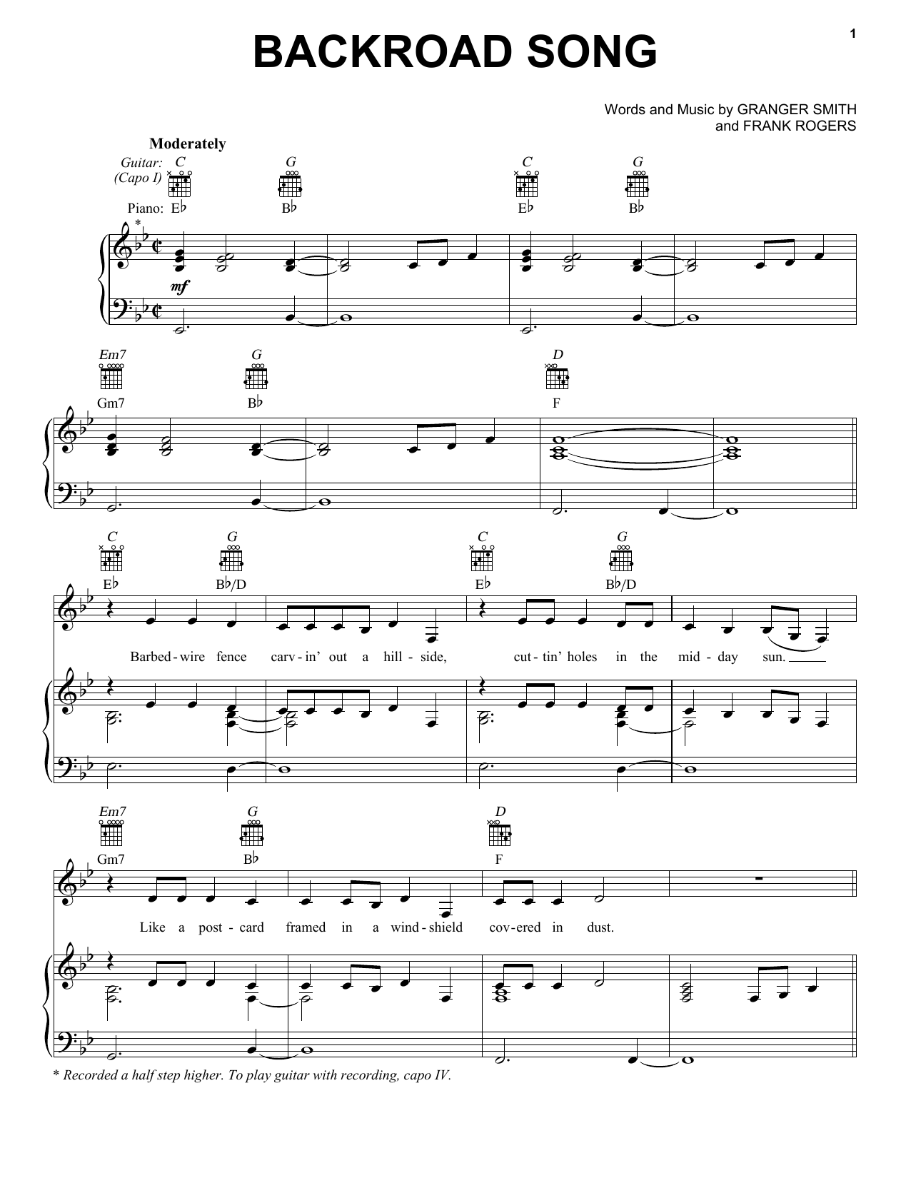 Granger Smith Backroad Song Sheet Music Notes & Chords for Piano, Vocal & Guitar (Right-Hand Melody) - Download or Print PDF