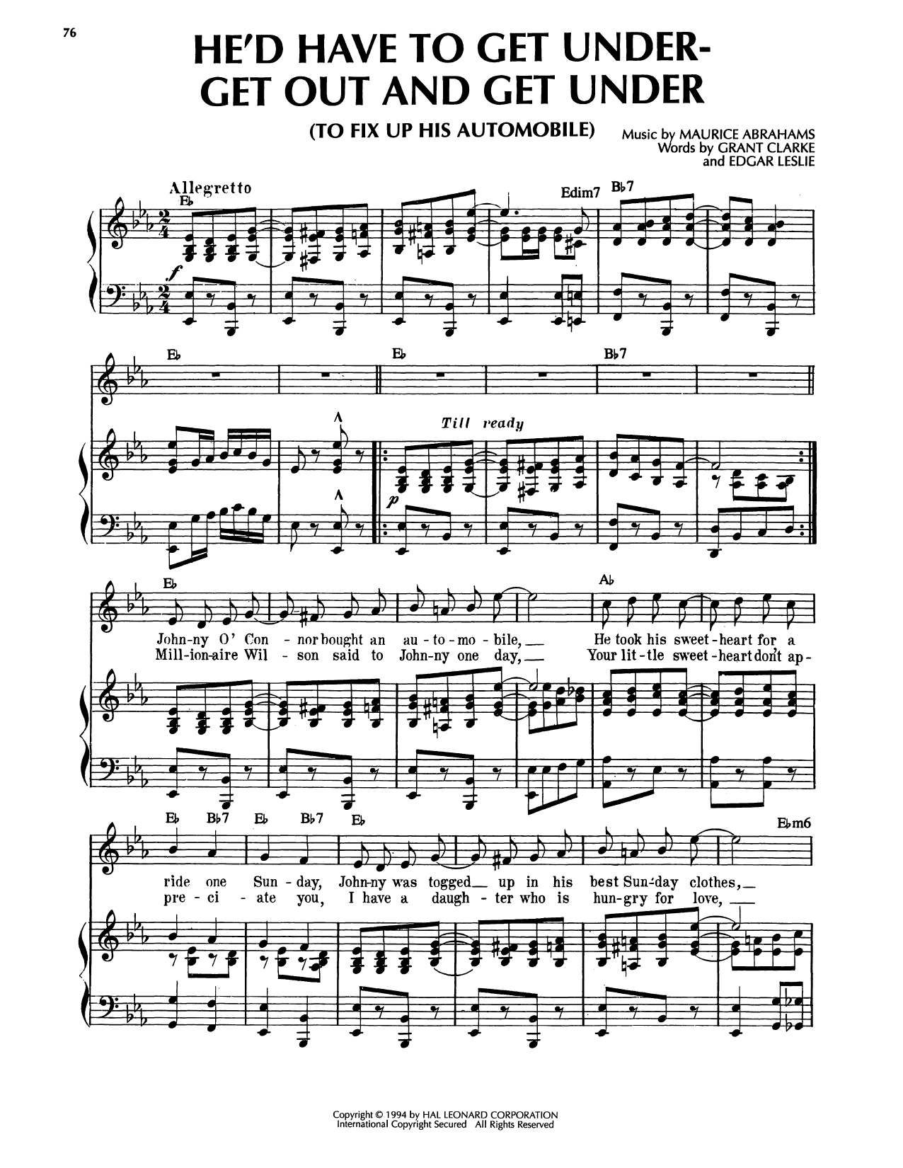 Grant Clarke He'd Have To Get Under--Get Out And Get Under (To Fix Up His Automobile) Sheet Music Notes & Chords for Piano, Vocal & Guitar Chords (Right-Hand Melody) - Download or Print PDF