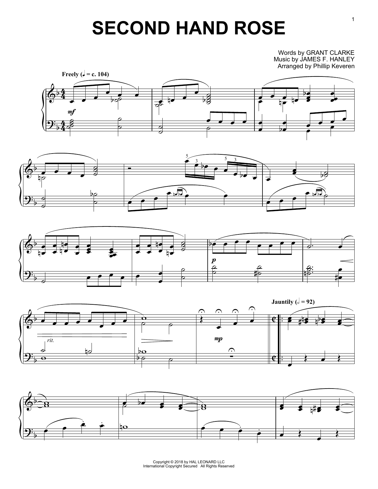 Grant Clarke Second Hand Rose [Jazz version] (arr. Phillip Keveren) Sheet Music Notes & Chords for Piano - Download or Print PDF