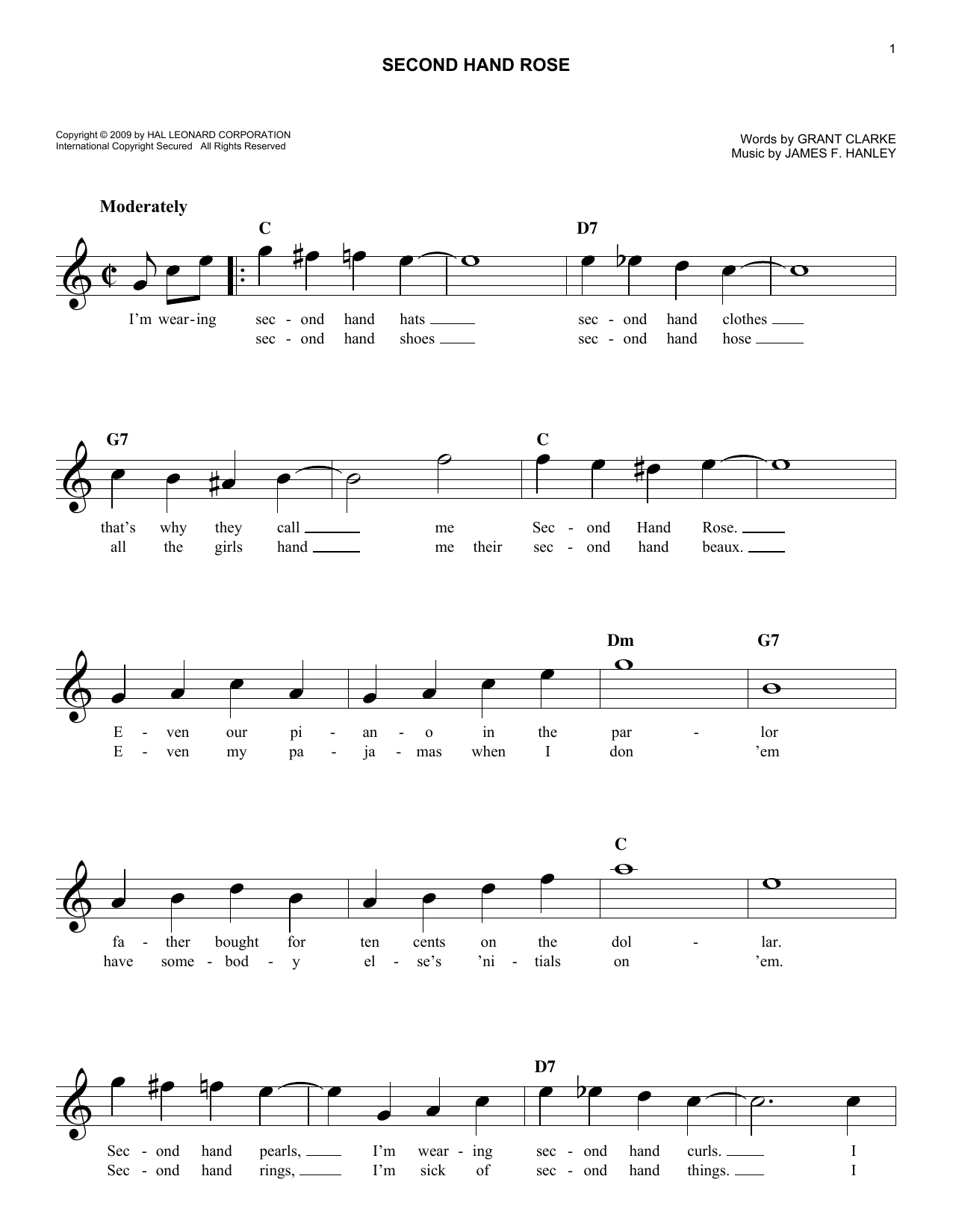 Grant Clarke Second Hand Rose Sheet Music Notes & Chords for Melody Line, Lyrics & Chords - Download or Print PDF