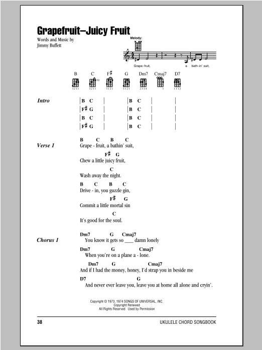 Preview Jimmy Buffett Grapefruit-Juicy Fruit Pop sheet music, notes and chords for Piano, Vocal & Guitar (Right-Hand Melody), SKU: 177499 sheet music, piano notes, chords, guitar tabs, score, transpose, transcribe, how to play, guide, download, learn, tutorial, progression, song, artist, awards, billboard, mtv, vh1, tour, single, album, release