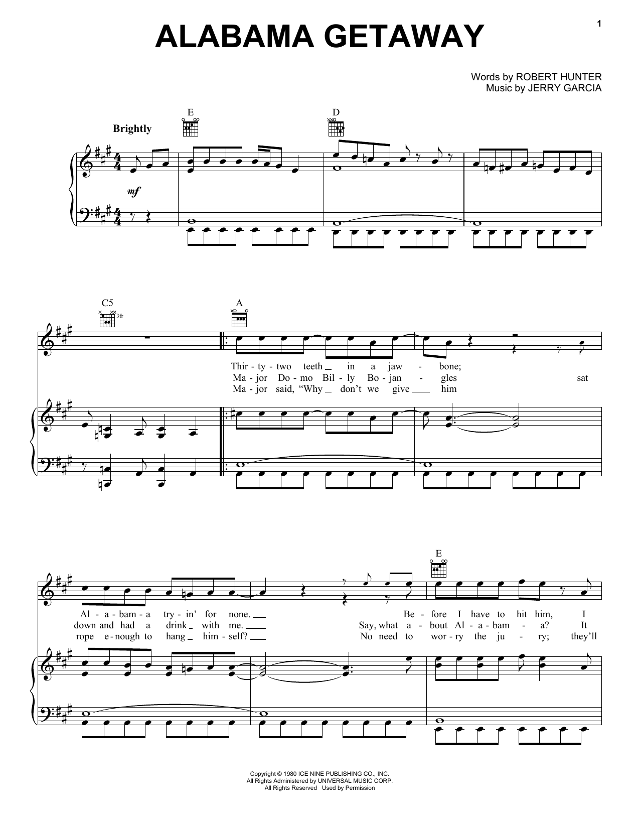 Grateful Dead Alabama Getaway Sheet Music Notes & Chords for Piano, Vocal & Guitar (Right-Hand Melody) - Download or Print PDF