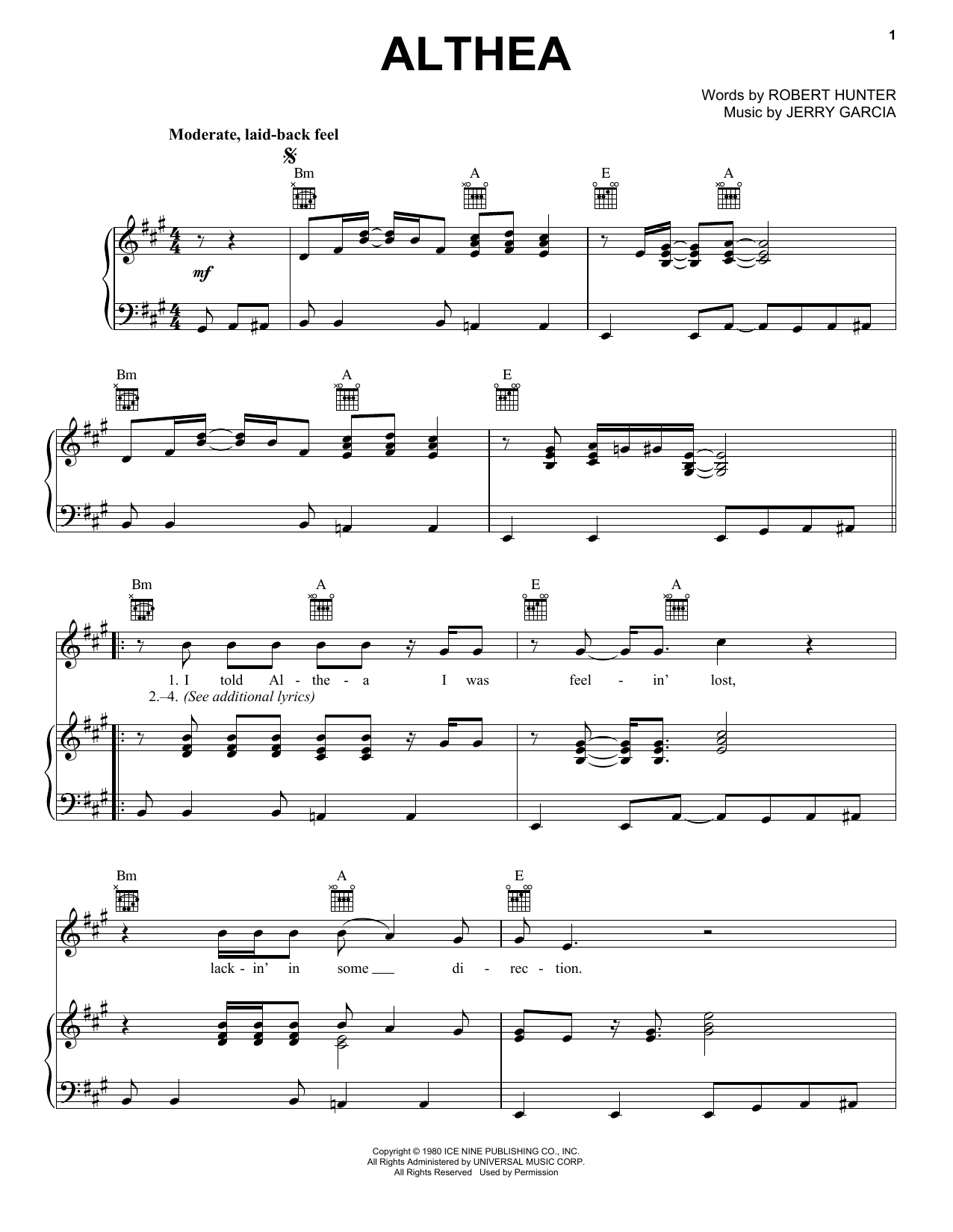 Grateful Dead Althea Sheet Music Notes & Chords for Piano, Vocal & Guitar (Right-Hand Melody) - Download or Print PDF