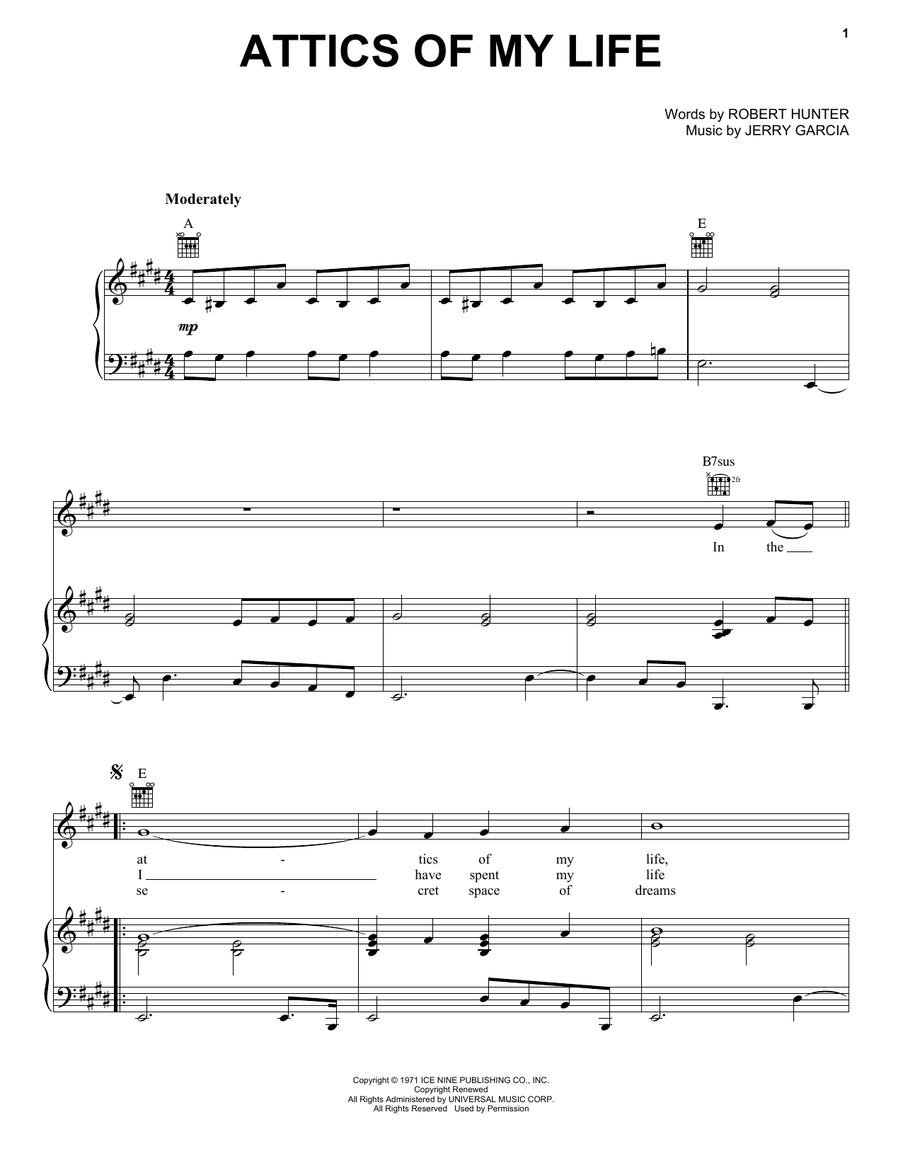Grateful Dead Attics Of My Life Sheet Music Notes & Chords for Piano, Vocal & Guitar (Right-Hand Melody) - Download or Print PDF