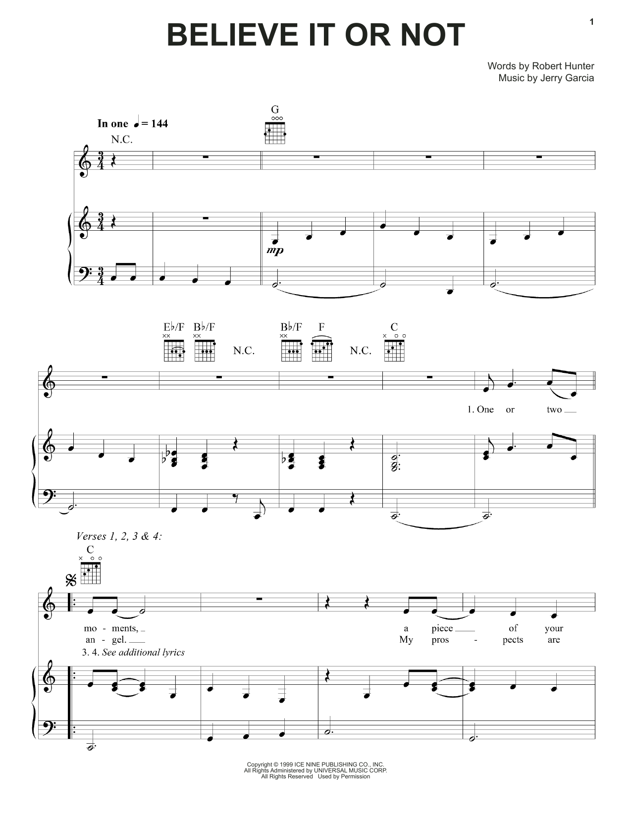 Grateful Dead Believe It Or Not Sheet Music Notes & Chords for Piano, Vocal & Guitar (Right-Hand Melody) - Download or Print PDF Grateful Dead Believe It Or Not Sheet Music Notes & Chords for Piano, Vocal & Guitar (Right-Hand Melody) - Download or Print PDF