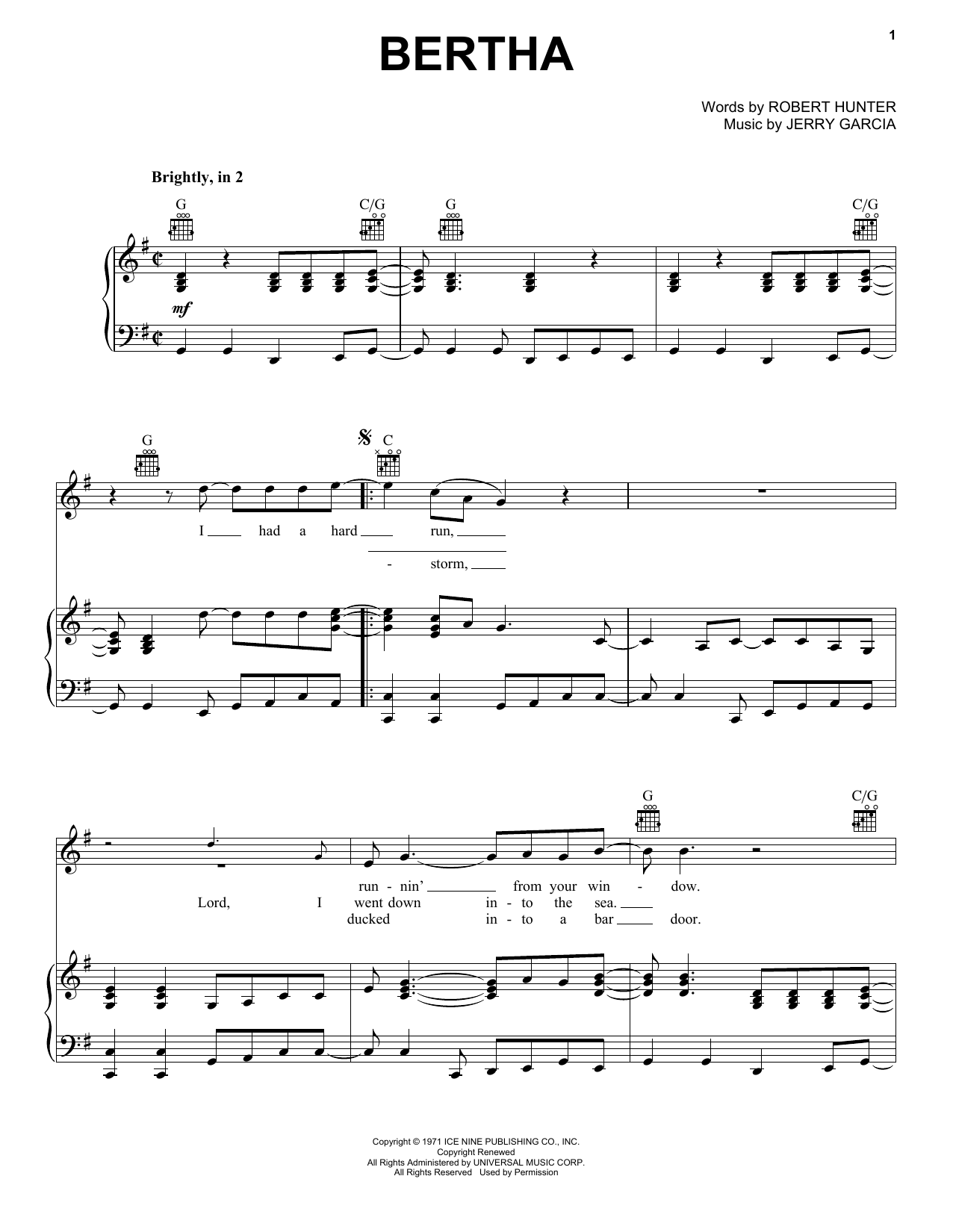Grateful Dead Bertha Sheet Music Notes & Chords for Piano, Vocal & Guitar (Right-Hand Melody) - Download or Print PDF