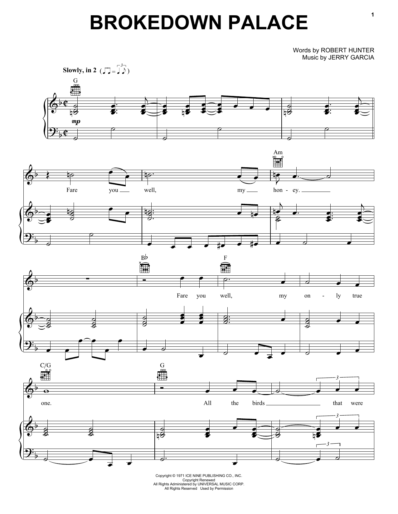 Grateful Dead Brokedown Palace Sheet Music Notes & Chords for Piano, Vocal & Guitar (Right-Hand Melody) - Download or Print PDF