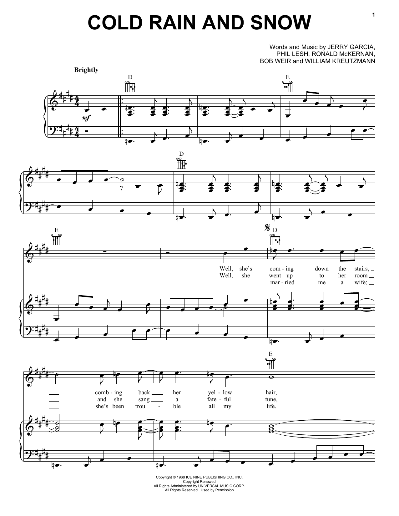 Grateful Dead Cold Rain And Snow Sheet Music Notes & Chords for Piano, Vocal & Guitar (Right-Hand Melody) - Download or Print PDF