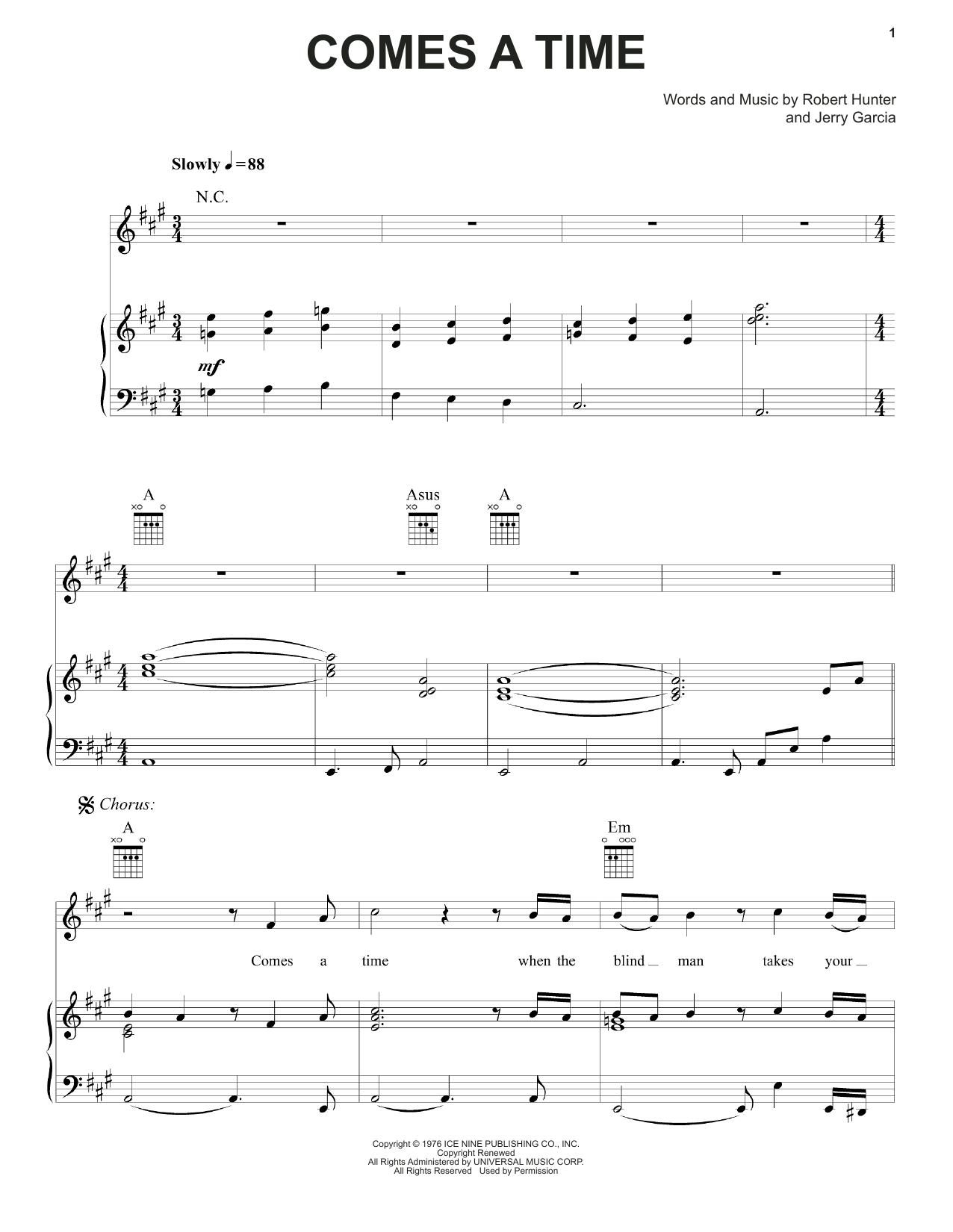Grateful Dead Comes A Time Sheet Music Notes & Chords for Piano, Vocal & Guitar (Right-Hand Melody) - Download or Print PDF